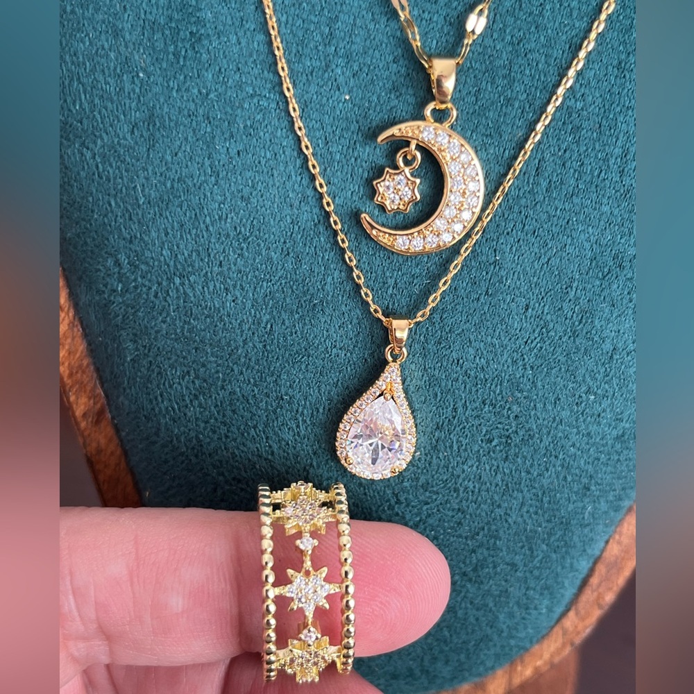 18k GF Gold Layer Necklace Set w/ Pear & Moon Pendants; Star Ring; HeartBracelet - Picture 7 of 10
